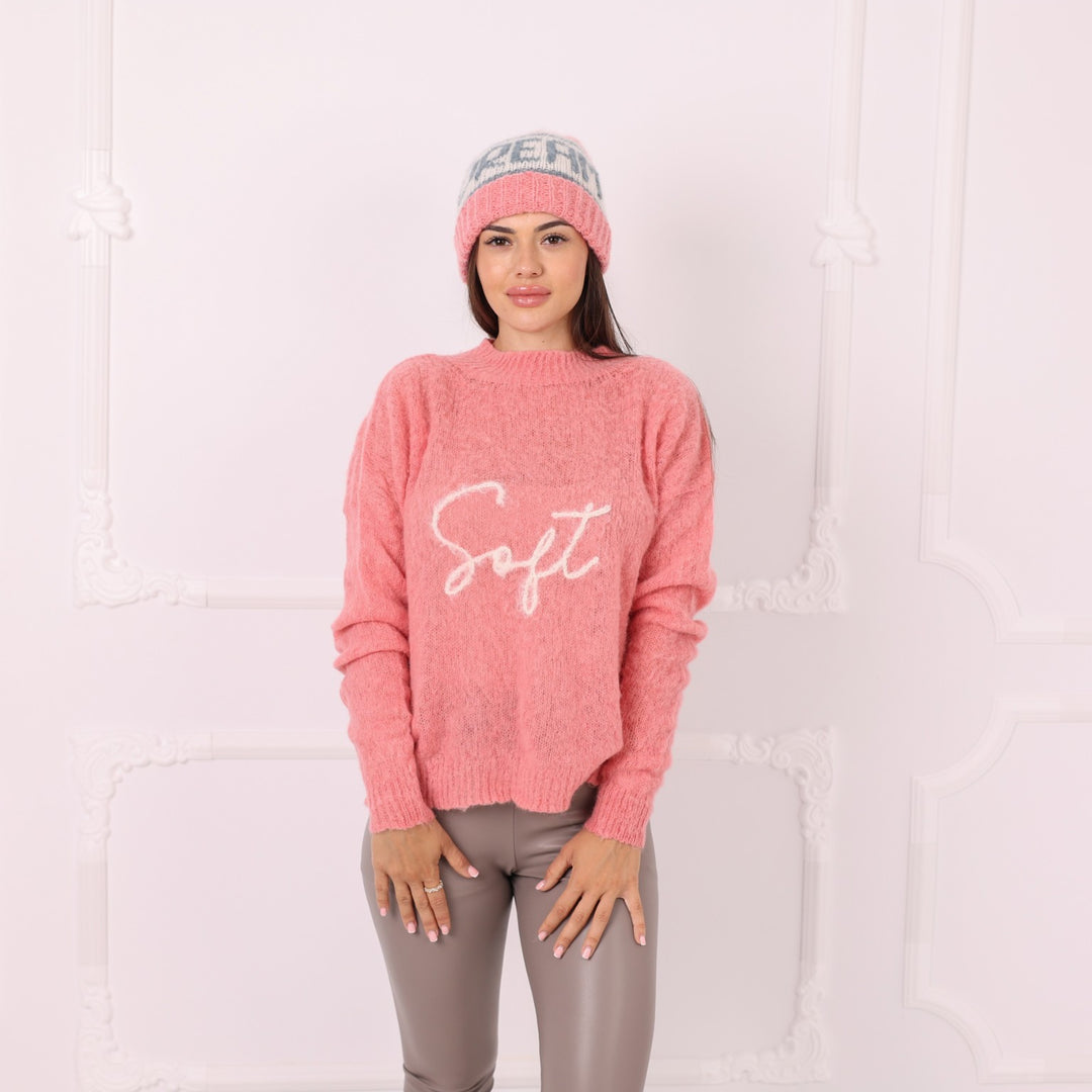 Soft pink baby alpaca custom embroidered pullover with one word on front