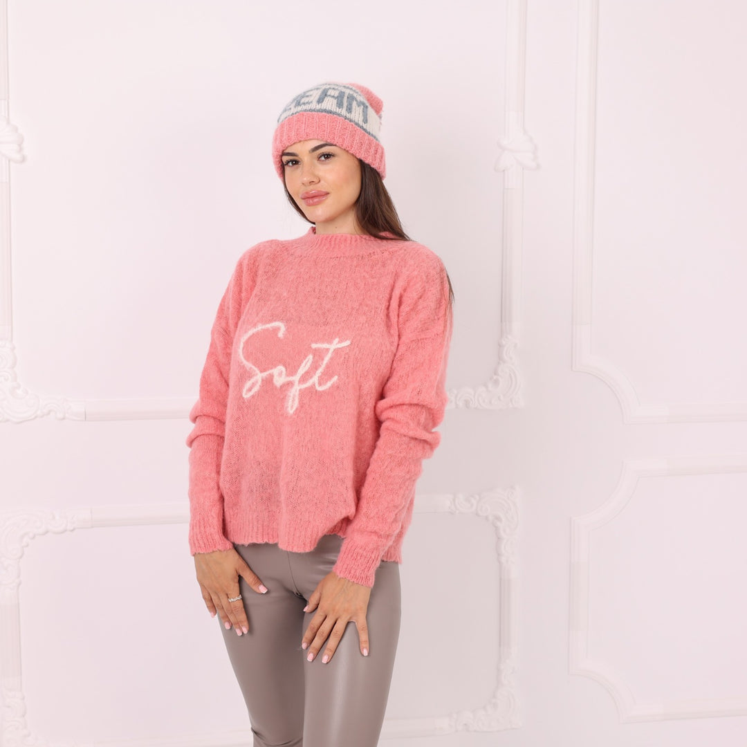 Pink baby alpaca handmade pullover with front and back personalization