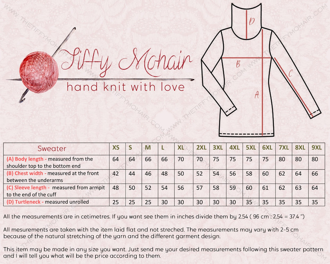 Sweater size chart with measurements for personalized hand knitted sweaters