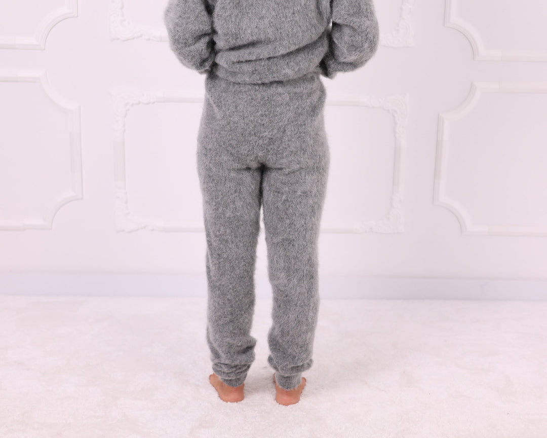 Gray kid mohair knit pants back view