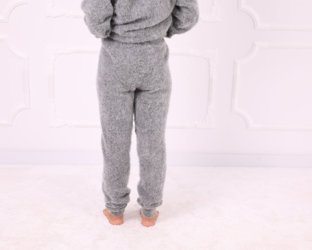 Gray kid mohair hand knit pants back fit