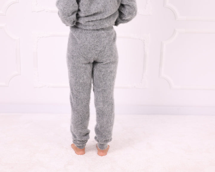 Gray kid mohair hand knit pants back fit