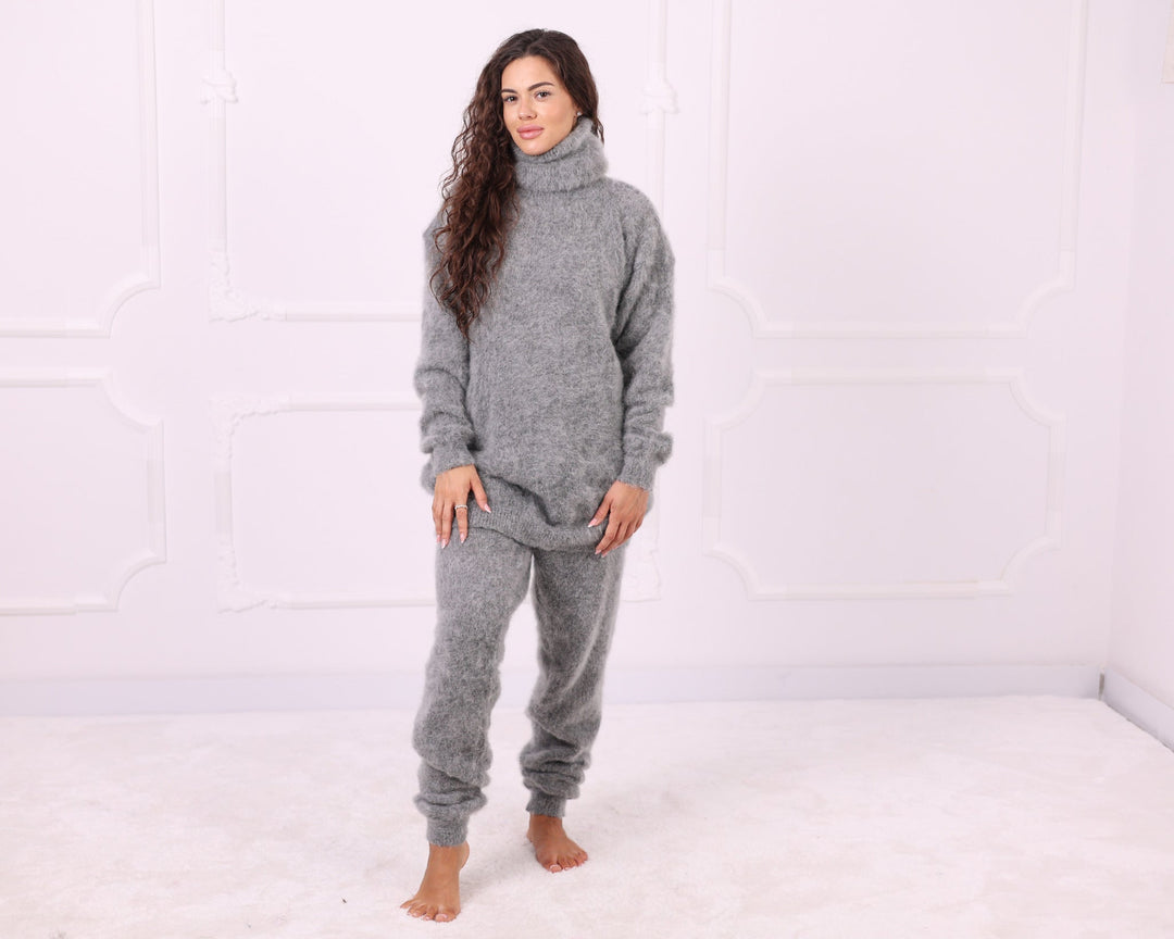 Gray kid mohair pants full outfit front view