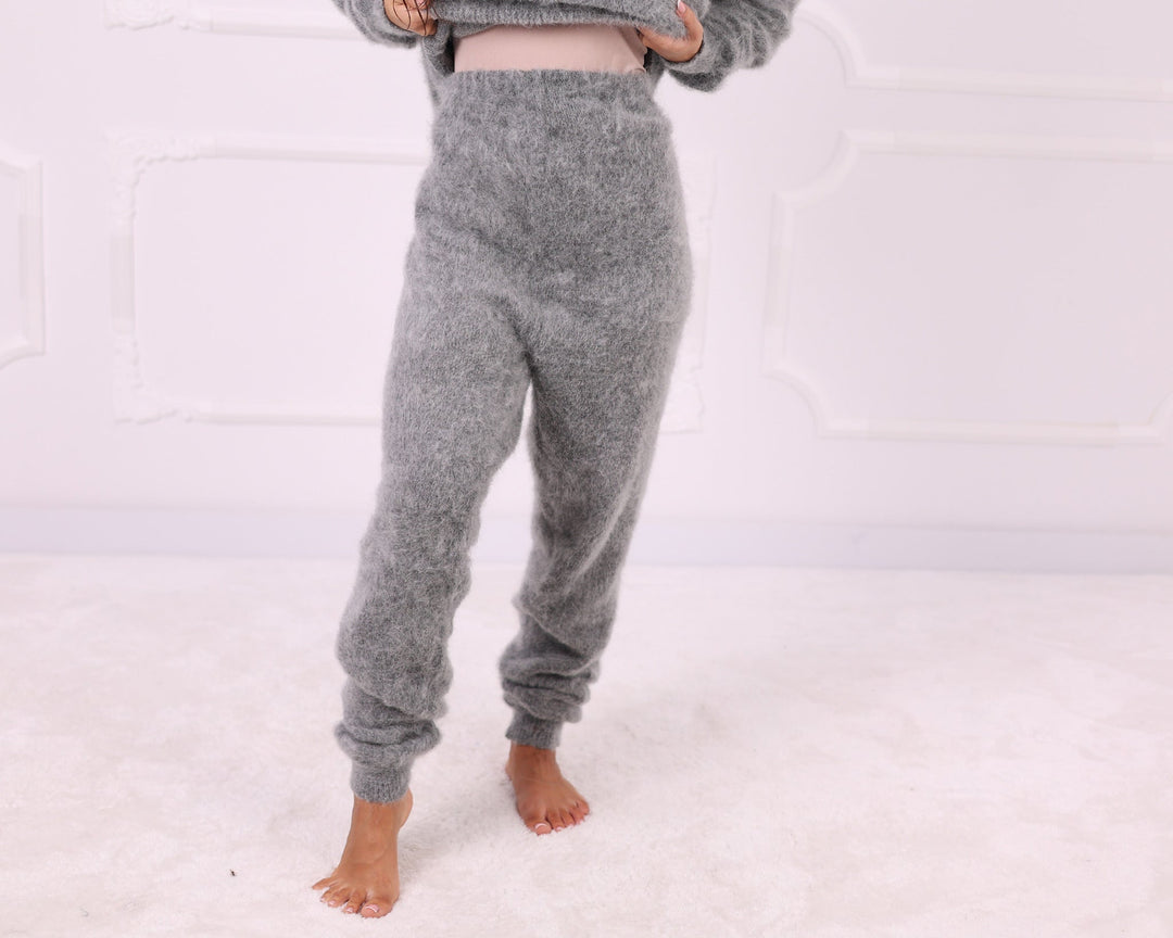 Gray fluffy kid mohair pants waist and tapered leg detail