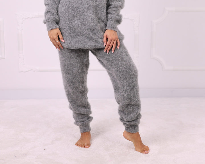 Gray kid mohair hand knit pants relaxed tapered fit