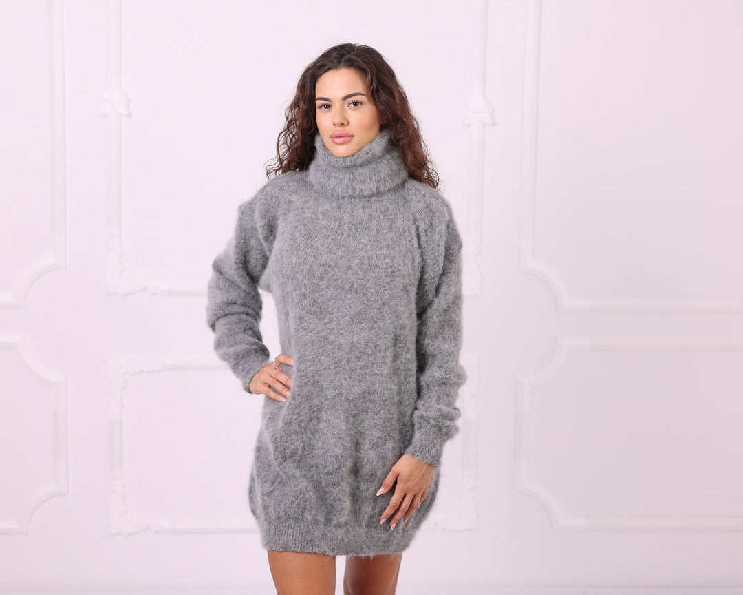 Gray kid mohair long turtleneck sweater front view