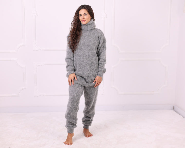 Gray kid mohair turtleneck sweater styled with matching pants