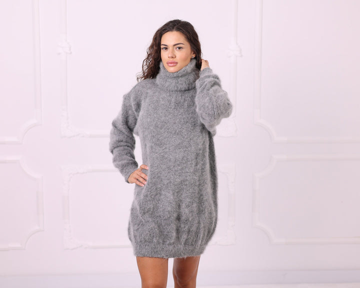 Gray kid mohair oversized turtleneck sweater front pose