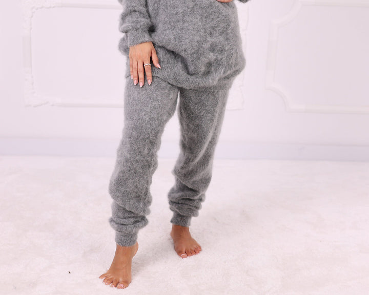 Gray kid mohair matching set tapered pants front view