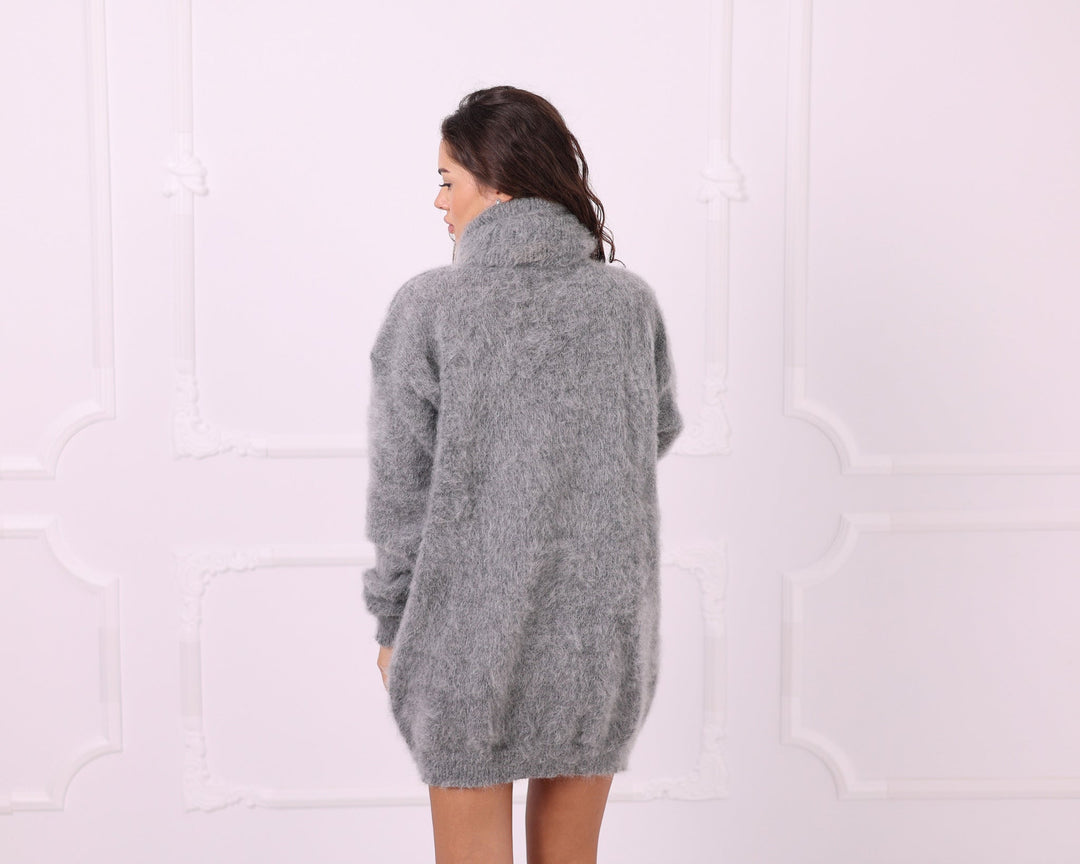 Gray kid mohair oversized sweater back three quarter view