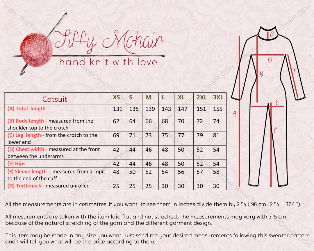 Tiffy Mohair catsuit size chart and measurement guide