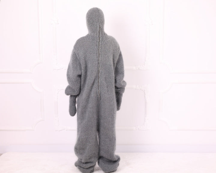 Gray mohair oversized knitted catsuit back view with long zipper