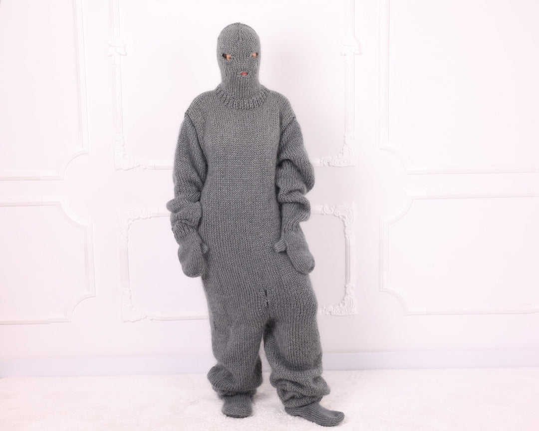 Gray mohair knitted catsuit front view with balaclava hood and mittens