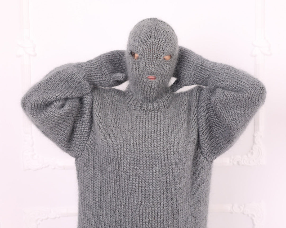 Gray mohair catsuit balaclava hood and mitten detail