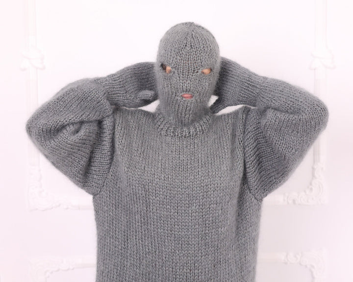 Gray mohair catsuit balaclava hood and mitten detail