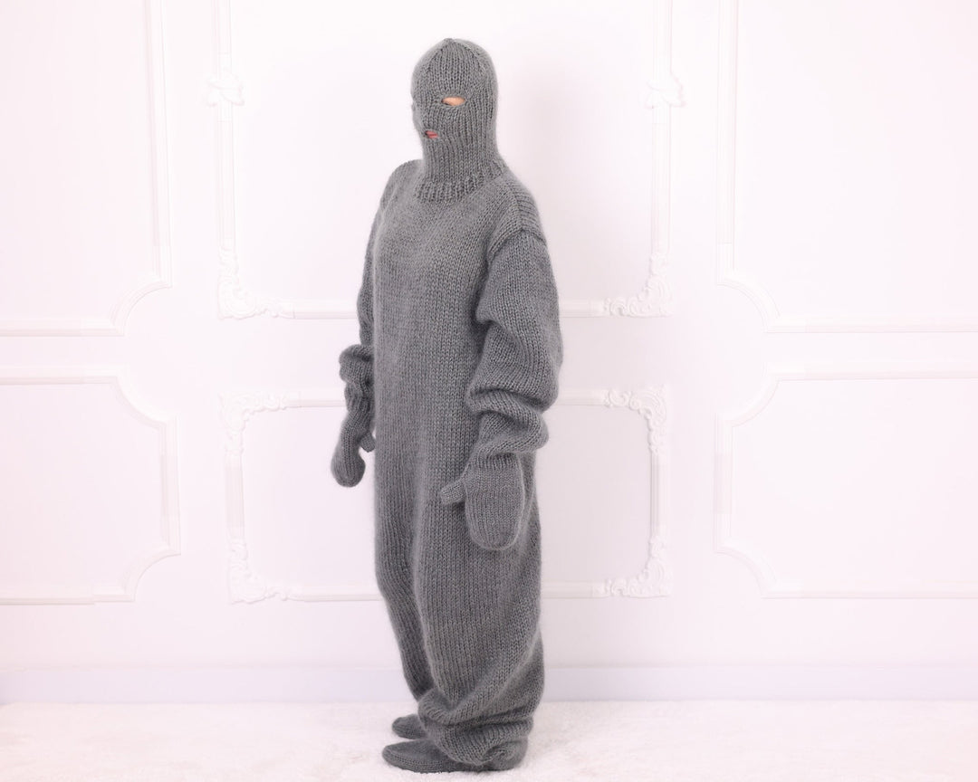 Gray oversized mohair catsuit side view with balaclava hood and mittens