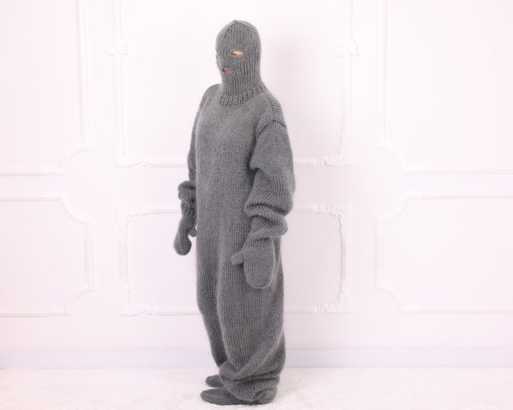 Gray oversized mohair catsuit side view with balaclava hood and mittens