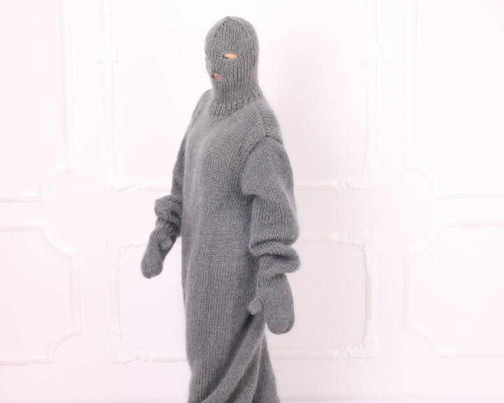 Gray hand knit mohair catsuit side view with oversized sleeves