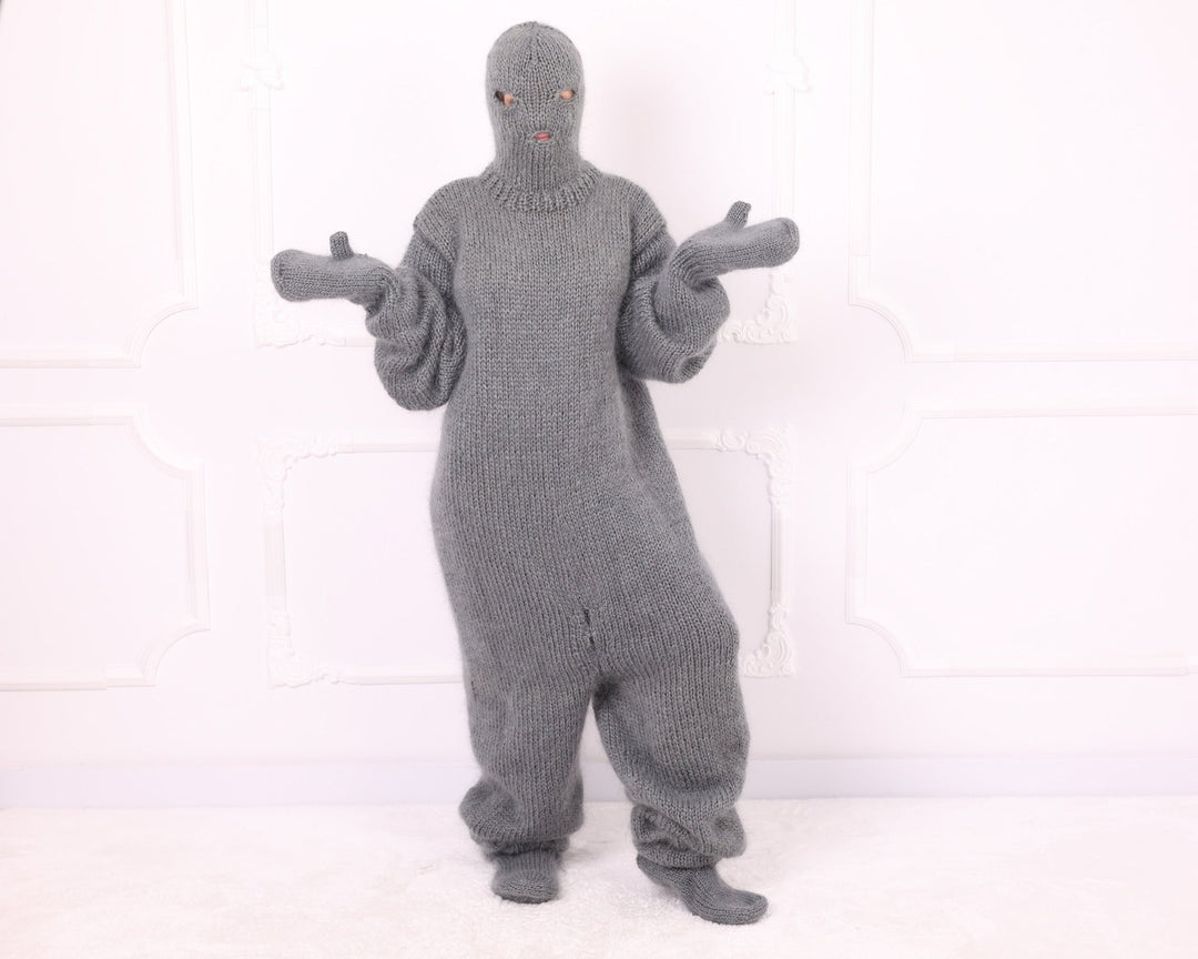 Gray mohair catsuit front view showing matching knitted mittens