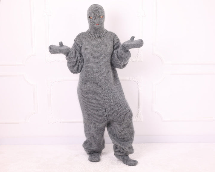 Gray mohair catsuit front view showing matching knitted mittens