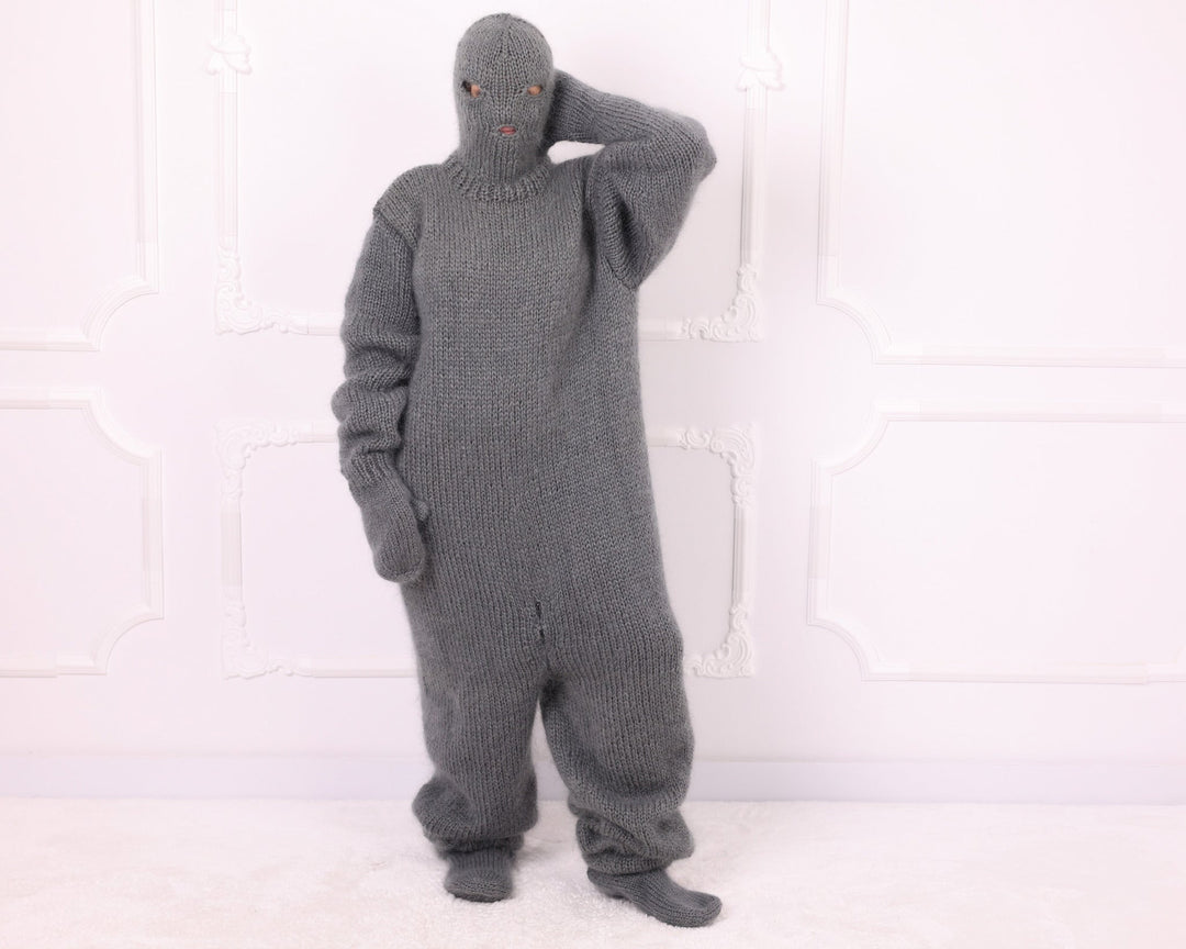 Gray oversized mohair knitted catsuit full front pose