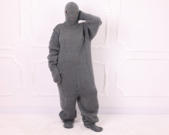 Gray oversized mohair knitted catsuit full front pose