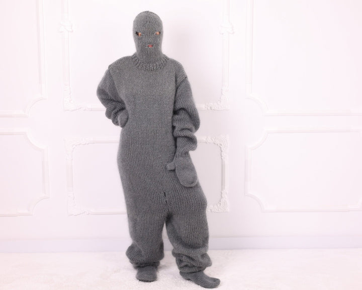 Gray mohair full body knitted catsuit with balaclava and footed legs