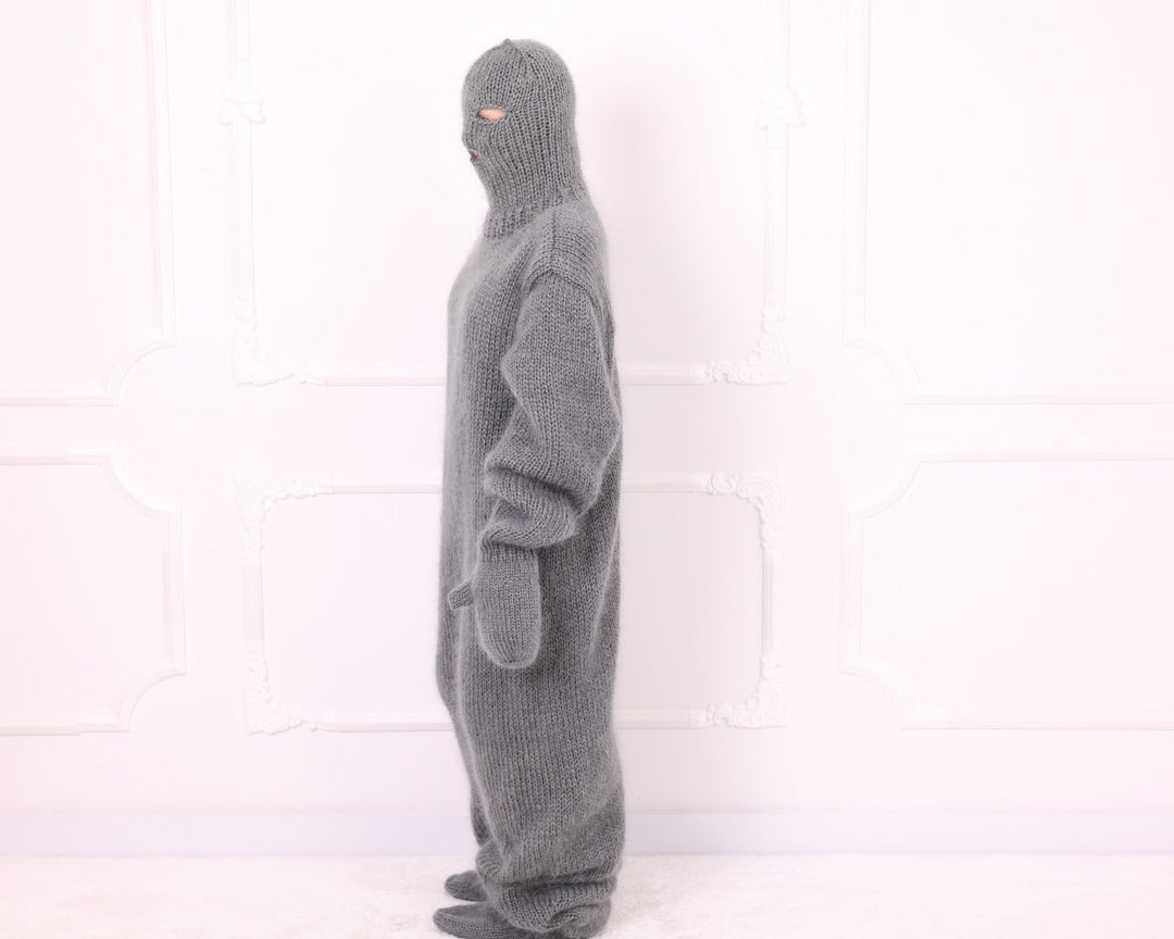 Gray oversized mohair catsuit side profile with mittens and knitted feet