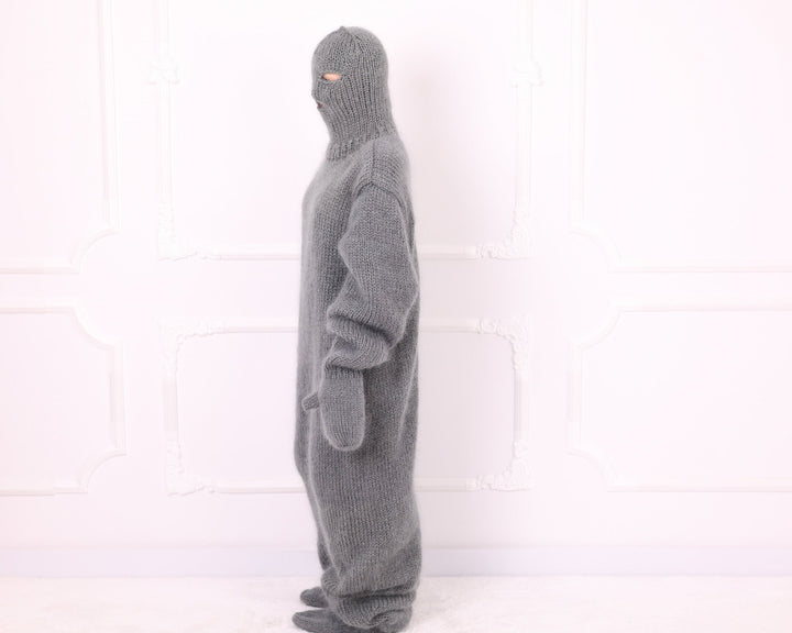 Gray oversized mohair catsuit side profile with mittens and knitted feet