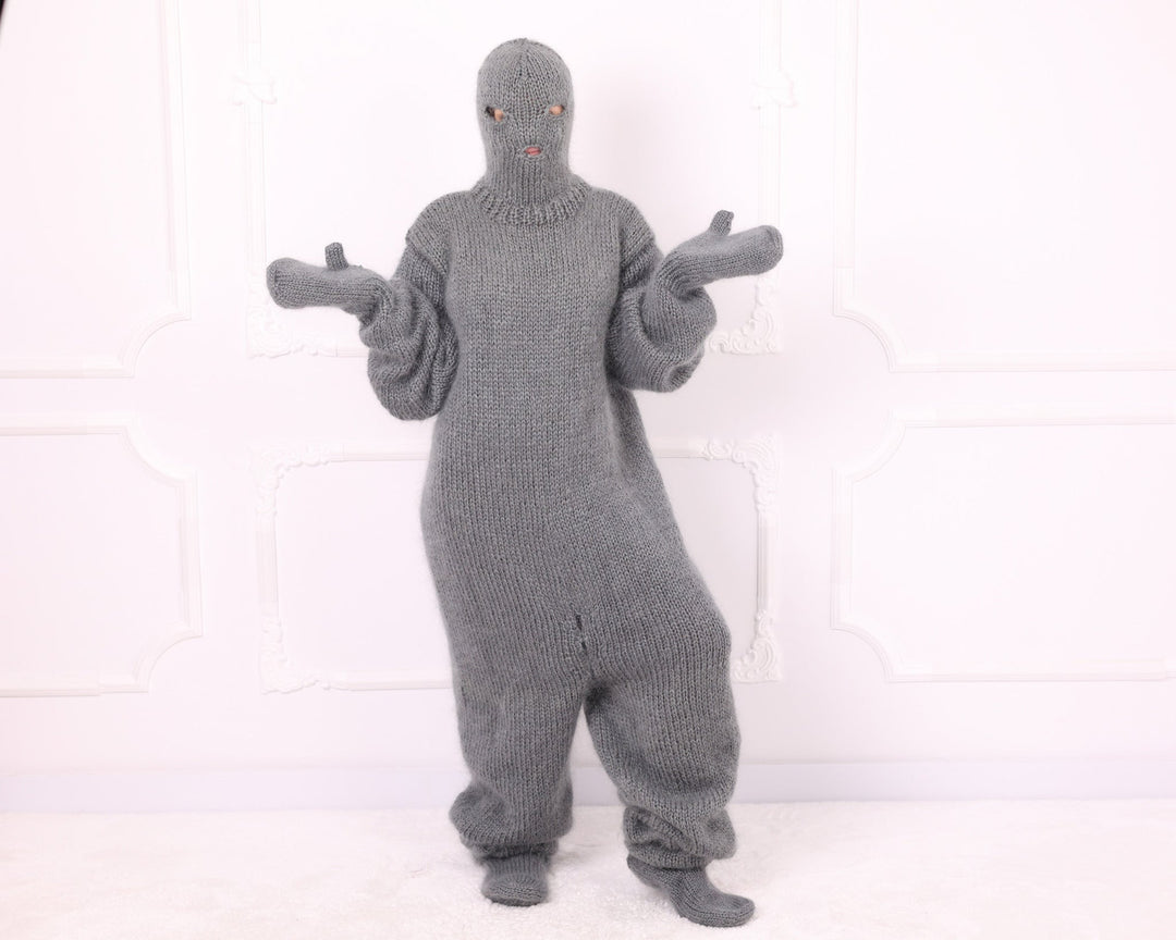 Gray mohair knitted catsuit front view with balaclava and mitten pose
