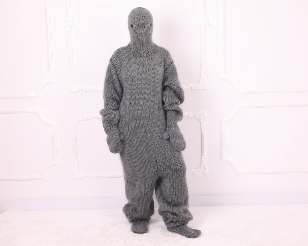 Gray full body mohair catsuit showing oversized relaxed knitted fit