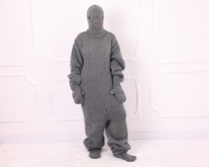 Gray full body mohair catsuit showing oversized relaxed knitted fit