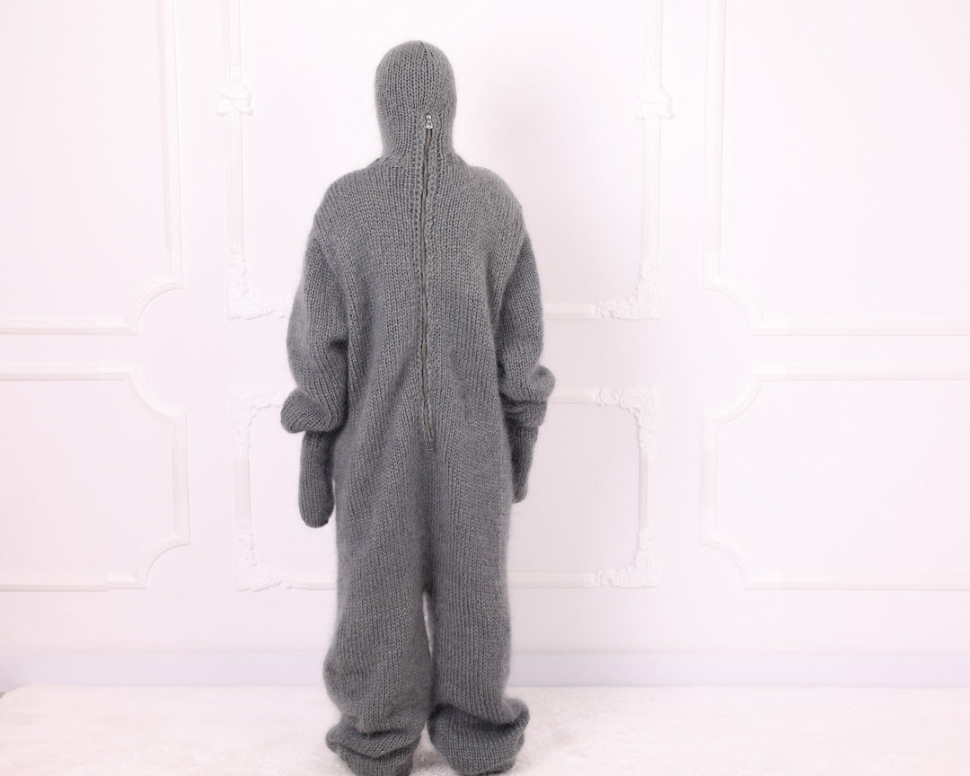 Gray mohair catsuit full back view showing long zipper closure