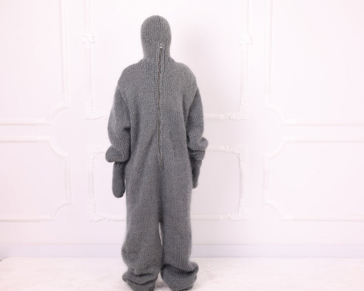 Gray mohair catsuit full back view showing long zipper closure