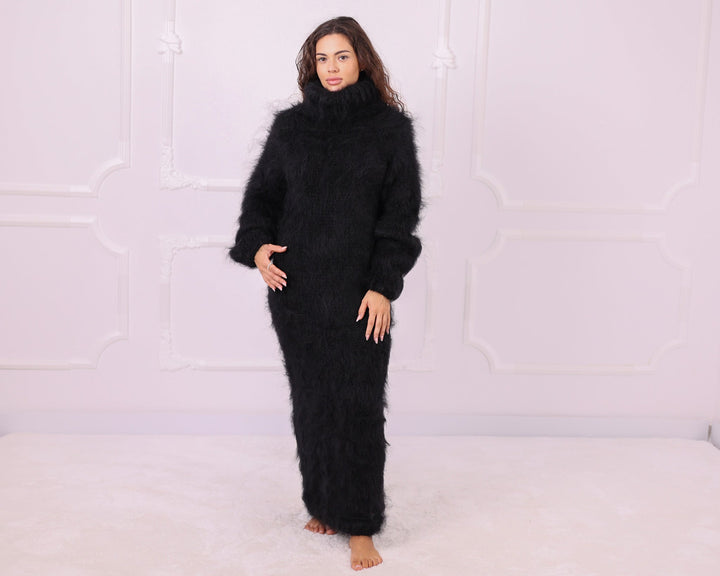 Black fluffy mohair maxi turtleneck dress full front view
