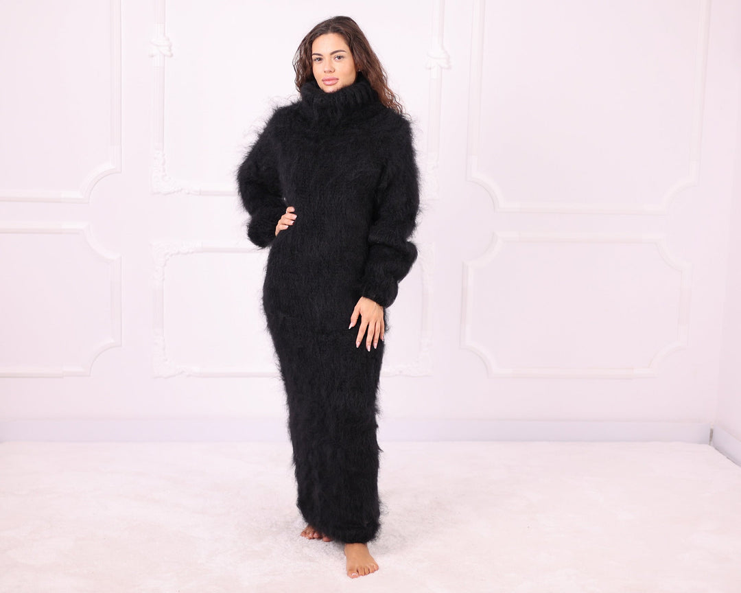 Black hand knit mohair maxi dress full front view