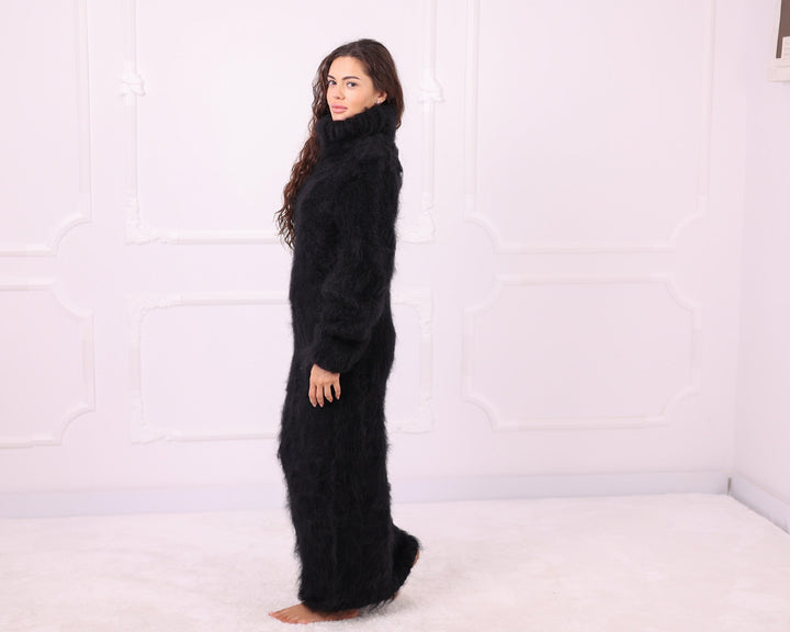 Black mohair maxi turtleneck dress side view