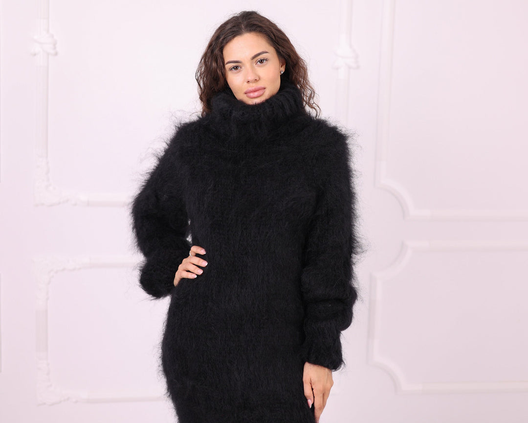 Black fluffy mohair turtleneck maxi dress upper front view