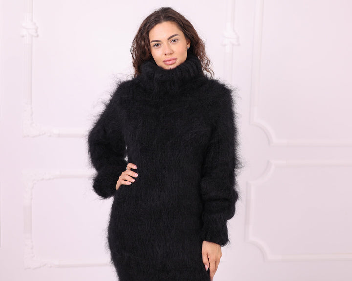 Black fluffy mohair turtleneck maxi dress upper front view