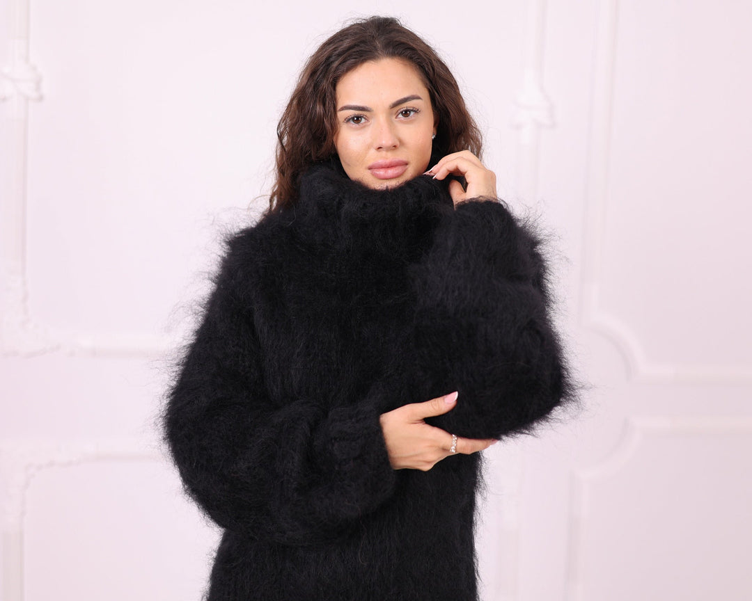 Black hand knit mohair dress turtleneck and sleeve detail