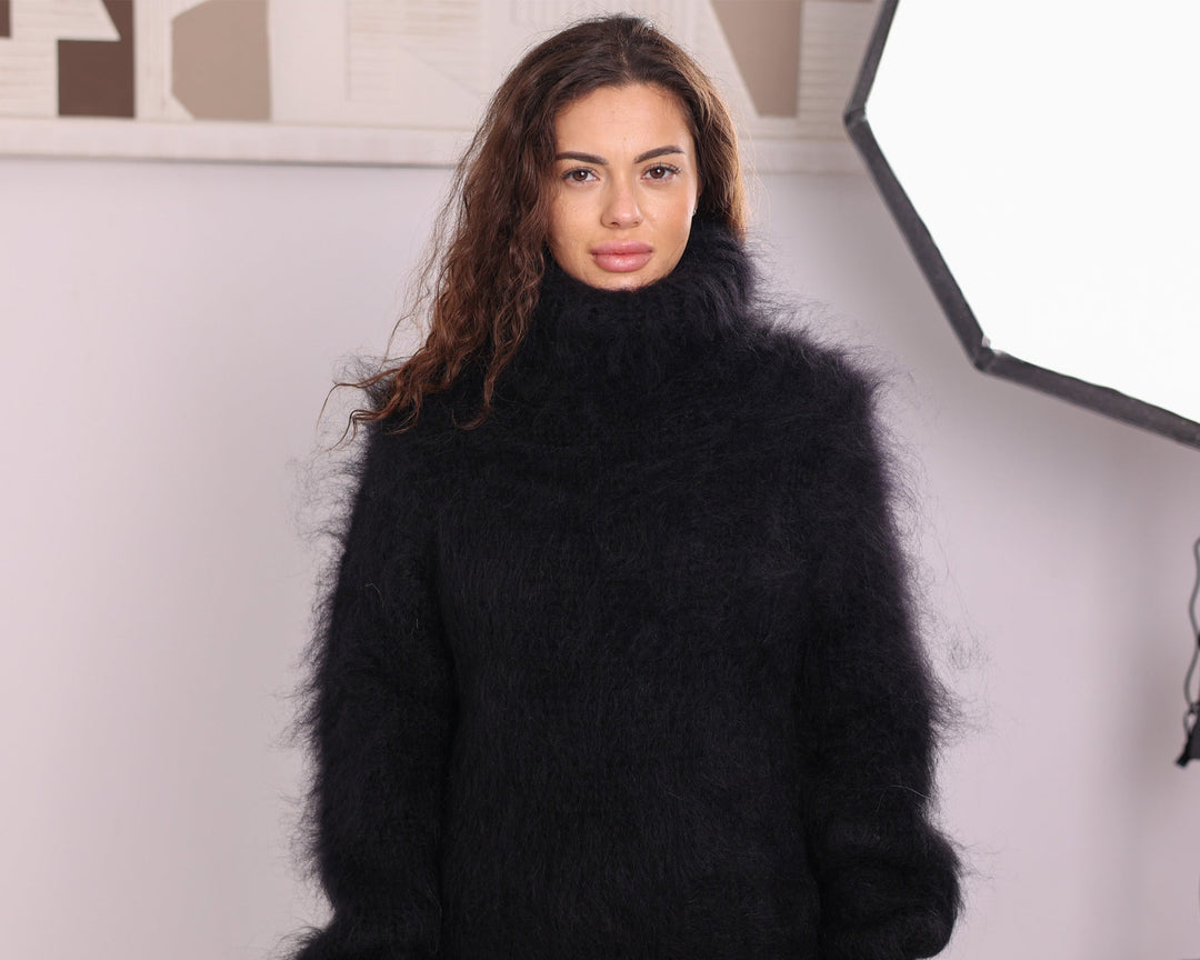 Black fluffy mohair maxi dress studio detail