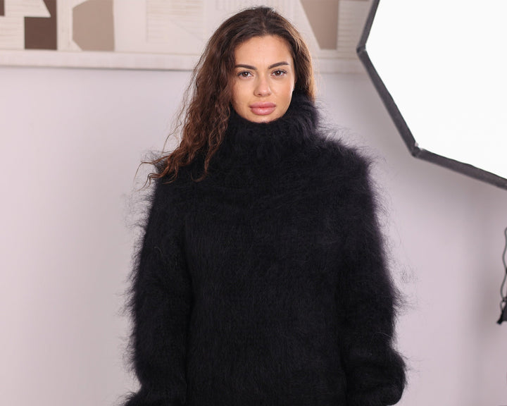 Black fluffy mohair maxi dress studio detail