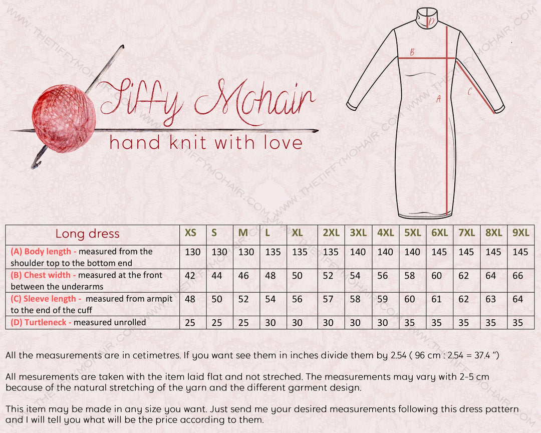 Tiffy Mohair long dress size chart and measurement guide