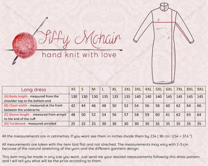 Tiffy Mohair long dress size chart and measurement guide