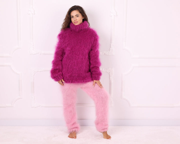 Pink fluffy mohair turtleneck sweater styled with matching pink pants