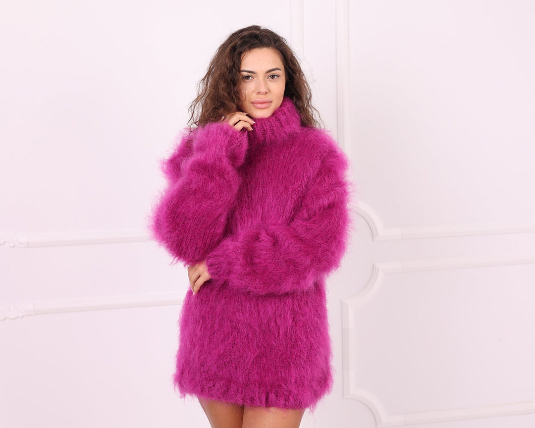 Pink fluffy mohair oversized turtleneck sweater front close view