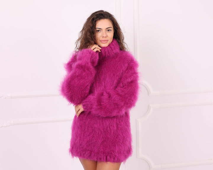 Pink fluffy mohair oversized turtleneck sweater front close view