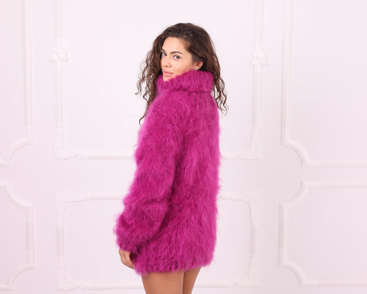 Pink mohair turtleneck sweater side back view