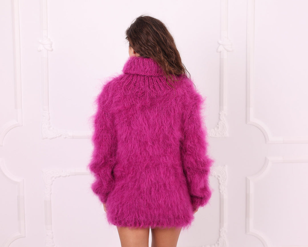 Pink mohair oversized turtleneck sweater full back view