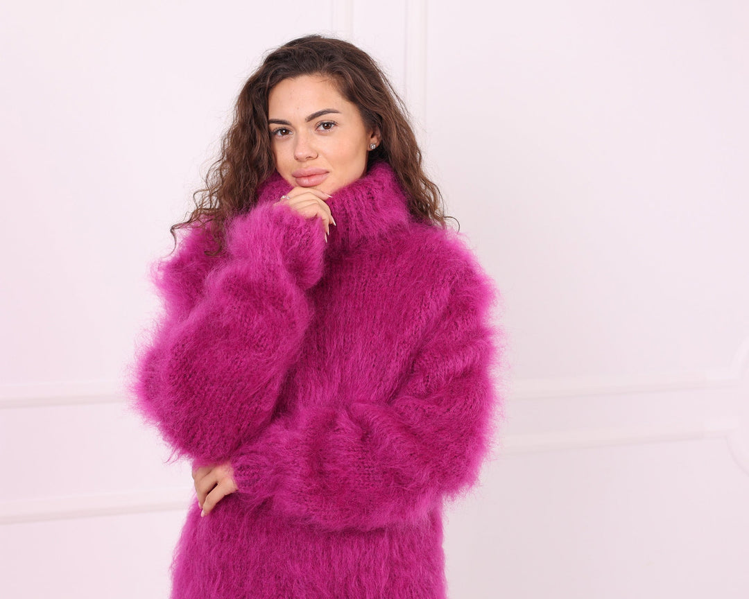 Pink fluffy mohair turtleneck sweater portrait detail